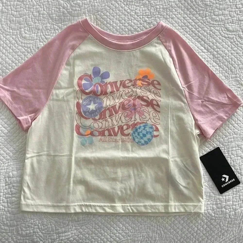 Converse Cropped Graphic Tee Girls M 10-12‎ Pink White Boxy